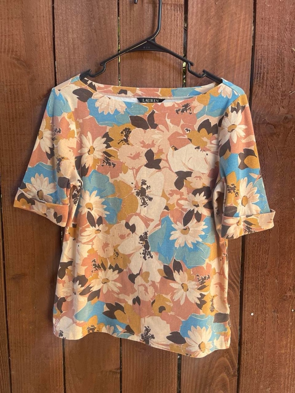 LAUREN RALPH LAUREN Judy-Mid Sleeve Cotton Floral Boat Neck T-Shirt Sz PL